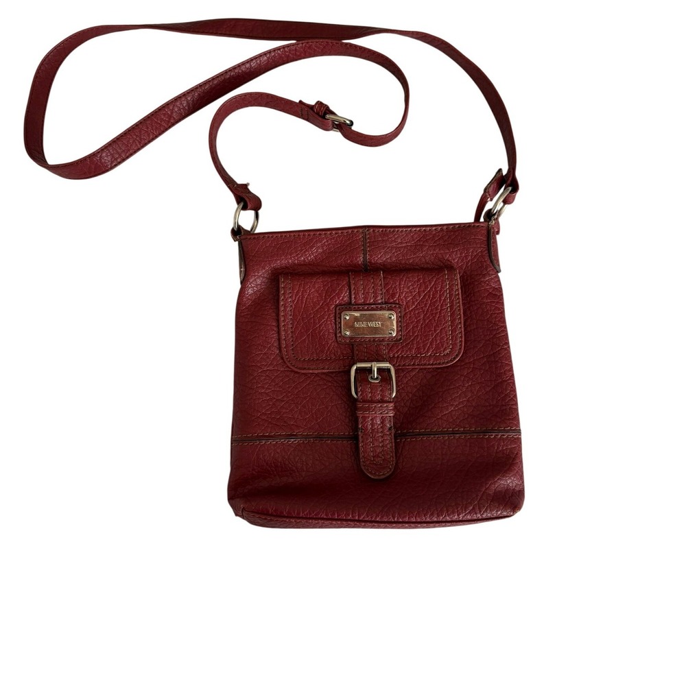 Nine West Red Pebbled Faux Leather Crossbody Bag Buckle Detail Small Purse